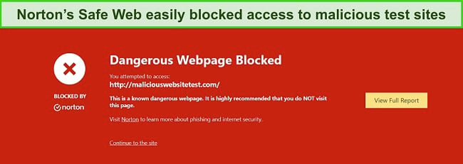 Screenshot of Norton's Safe Web blocking a malicious test website.