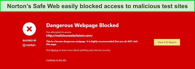 Screenshot of Norton's Safe Web blocking a malicious test website.