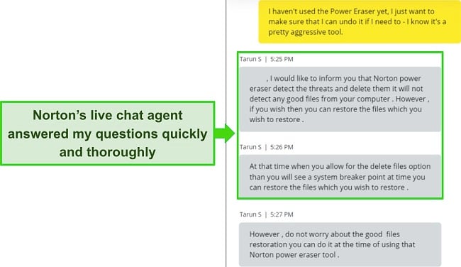 Screenshot of Norton's live chat agent answering a question about the Power Eraser tool.