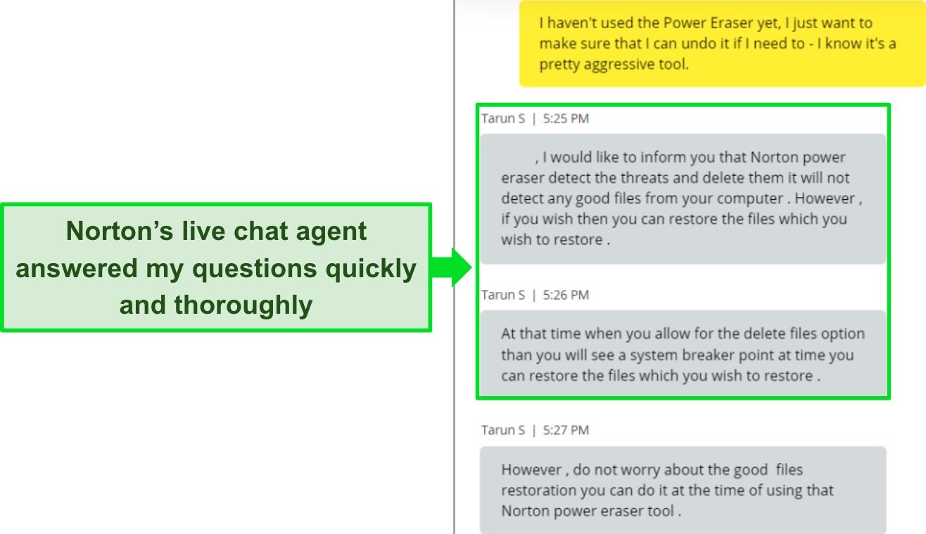Screenshot of Norton's live chat agent giving prompt and helpful answers