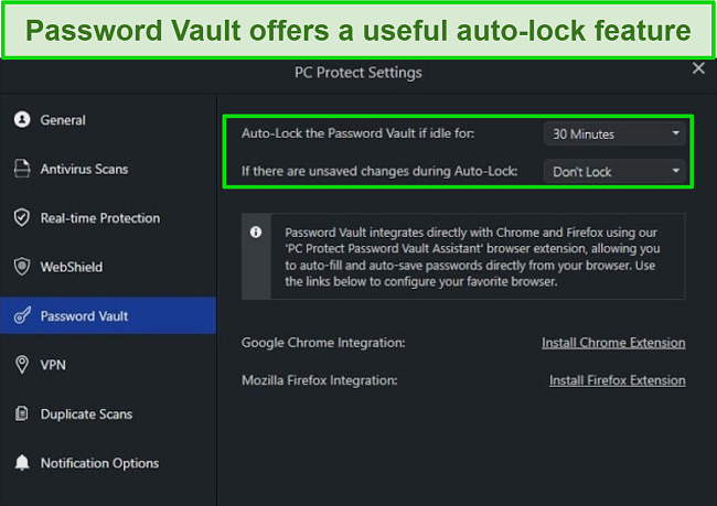 Screenshot of the PC Protect's Password Vault settings with its auto-lock feature.