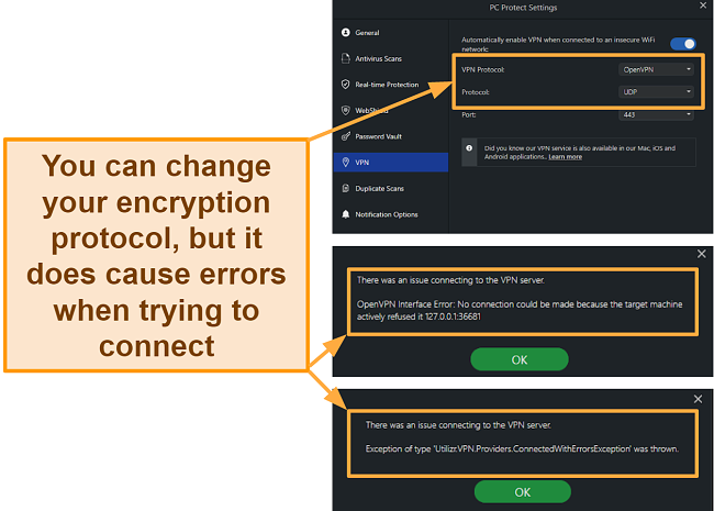 Screenshot of the PC Protect's Safe Browsing VPN errors and encryption protocols.