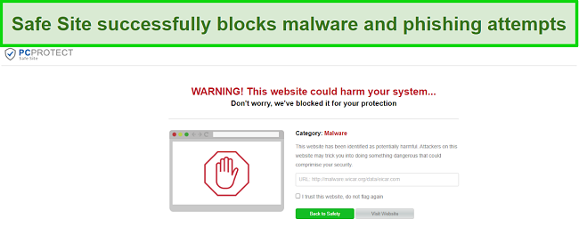 Screenshot of the PC Protect Safe Site successfully blocking a malware attempt.
