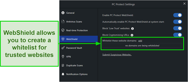 Screenshot of PC Protect's WebShield settings to help protect you online.