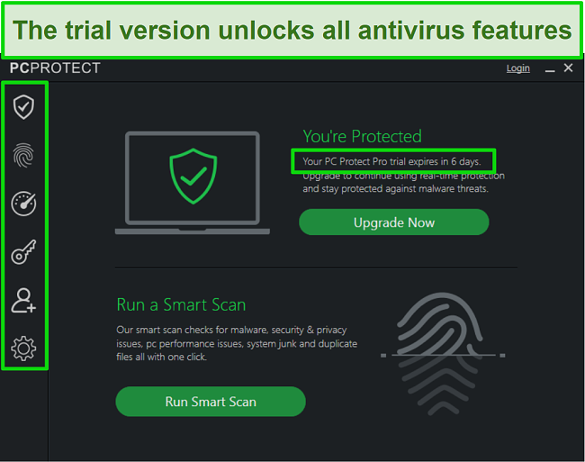 Screenshot of the PC Protect's trial version and its unlocked features.