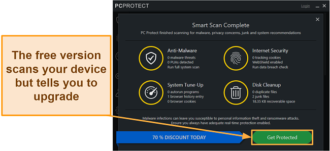 Screenshot of the PC Protect's free version running a scan before telling you to upgrade.