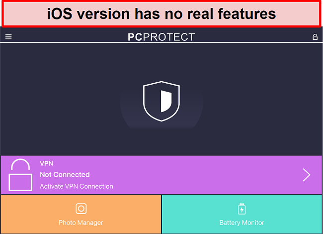 Screenshot of the PC Protect's iOS application that lacks any real features.