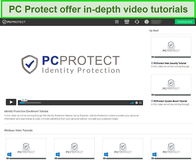 Screenshot of the PC Protect's video tutorials that can be accessed through its website.