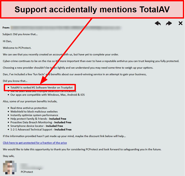 Screenshot of the PC Protect's support team accidentally recommending Total AV as the number 1 choice.