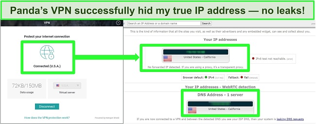 Screenshot of Panda's VPN connected to a US server and IPLeak.net leak test results.