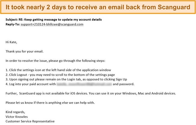 Screenshot of customer support email response from Scanguard.