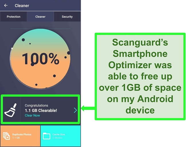 Screenshot of Scanguard's Cleaner feature on Android clearing over 1GB of duplicate photos.