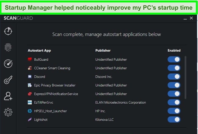 Screenshot of Scanguard's Startup Manager with autostart applications listed.