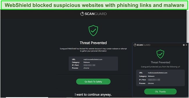 Screenshot of Scanguard's WebShield feature blocking access to a malware test website.