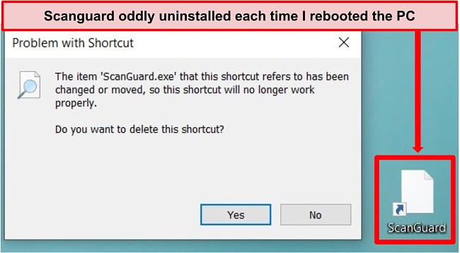 Screenshot of Scanguard's broken shortcut on Windows PC.
