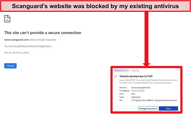 Screenshot of antivirus blocking Scanguard's website due to PUP.