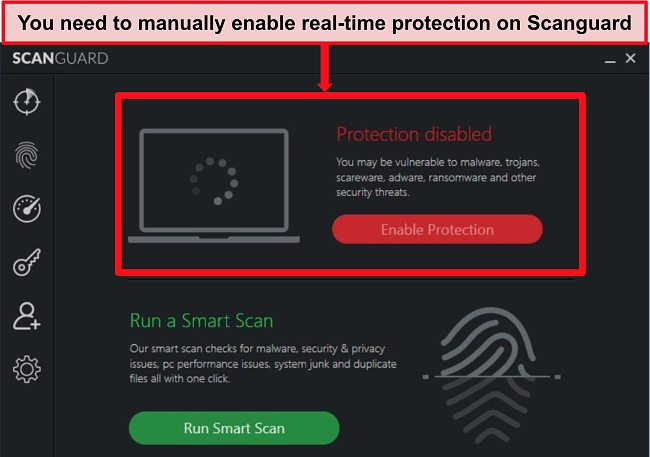 Screenshot of Scanguard's antivirus app with real-time protection disabled.