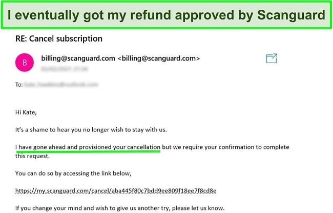 Screenshot of a user requesting a refund with the money-back guarantee from Scanguard's customer support team