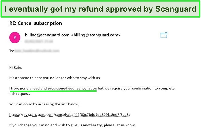 Screenshot of a user requesting a refund with the money-back guarantee from Scanguard's customer support team