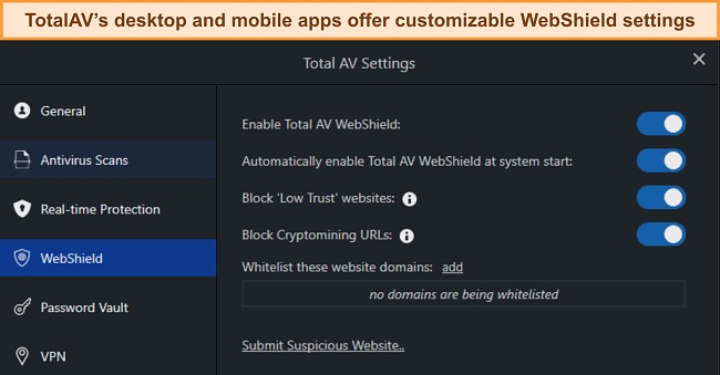 Screenshot of how to toggle on WebShield on TotalAV's Windows app