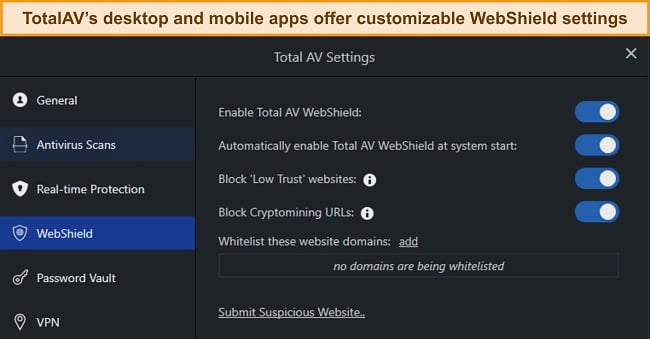 Screenshot of how to toggle on WebShield on TotalAV's Windows app