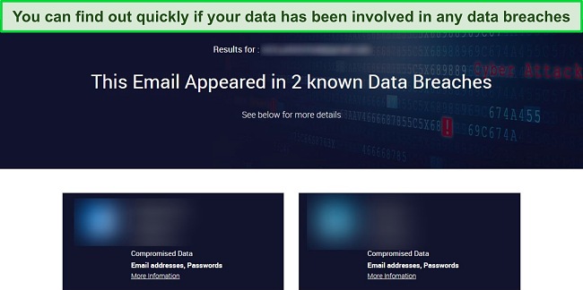 Screenshot of TotalAV showing the results of an email address data breach check.