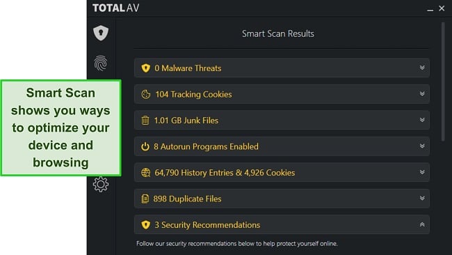 Screenshot of TotalAV's Smart Scan results showing ways the user can optimize their device.