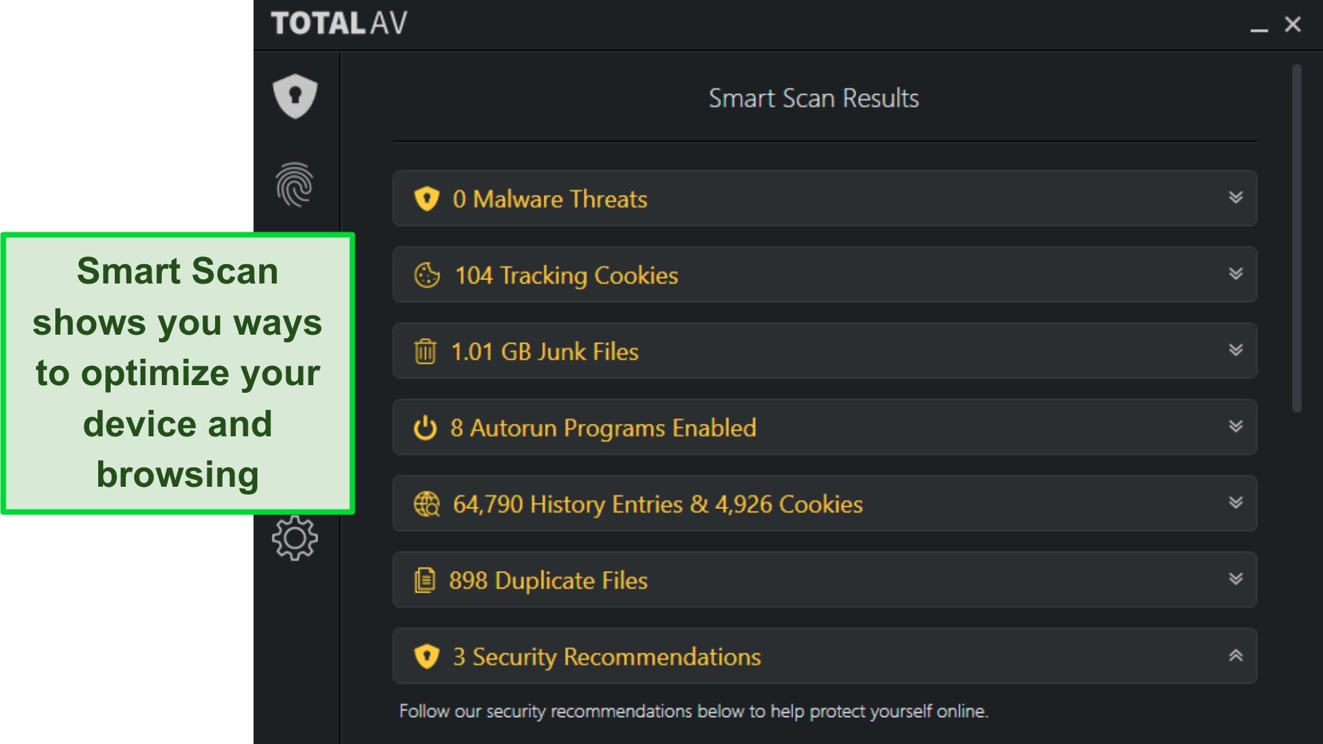 Screenshot of TotalAV's Smart Scan results showing ways the user can optimize their device.