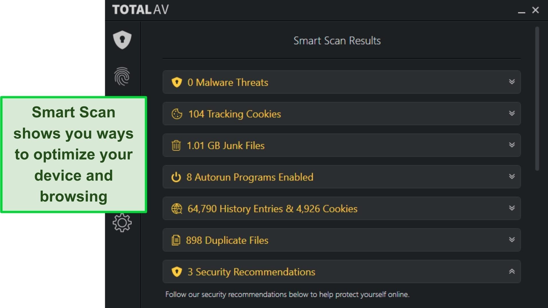 Screenshot of TotalAV's smart scan identifying optimization issues