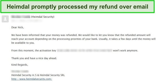 Screenshot of Heimdal refund live chat
