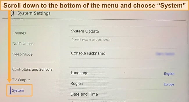 Screenshot of System Settings menu on Nintendo Switch