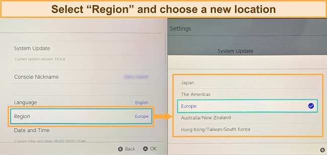 Screenshot of Nintendo Switch Region selection options