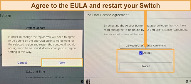 Screenshot of EULA for Nintendo Switch region change