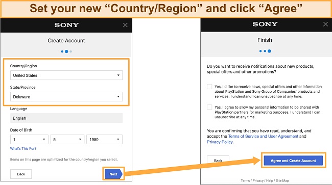 Screenshot of how to set up new Sony Entertainment Network Account add address