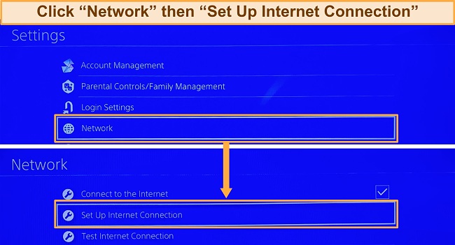 Screenshot of how to navigate to PlayStation internet connection setup