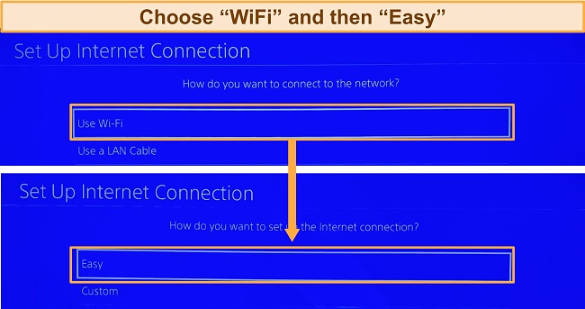 Screenshot showing PlayStation setup options for internet connection