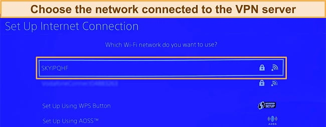 Screenshot of PlayStation setup screen and choosing WiFi network connection