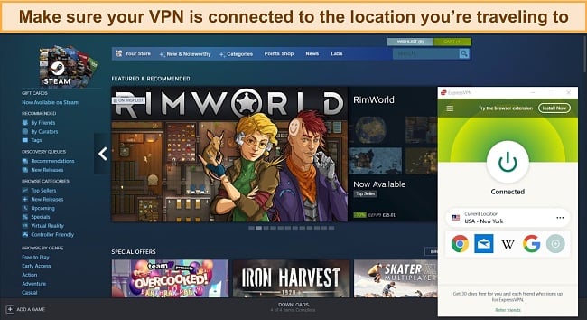 Screenshot of Steam dashboard with ExpressVPN connected to a US server