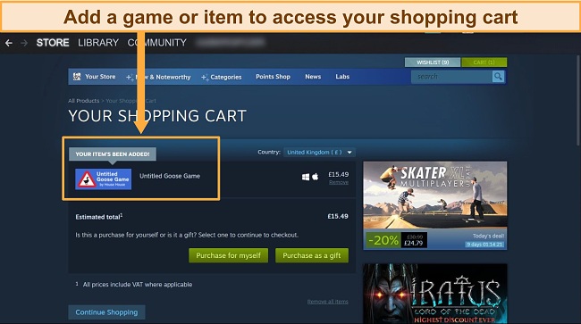 Screenshot of Steam dashboard with highlight surrounding a game recently added to the cart