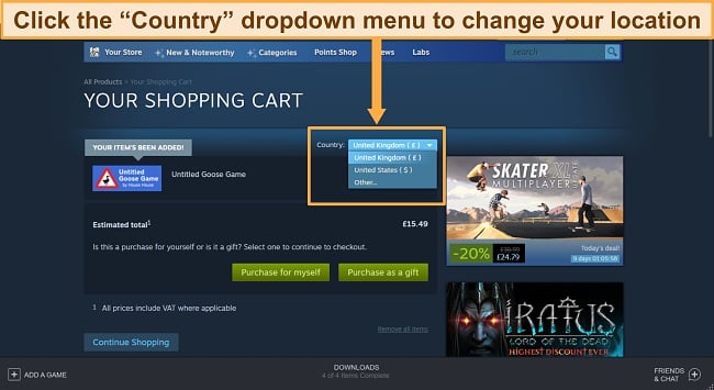 Screenshot of Steam shopping card with country dropdown menu highlighted