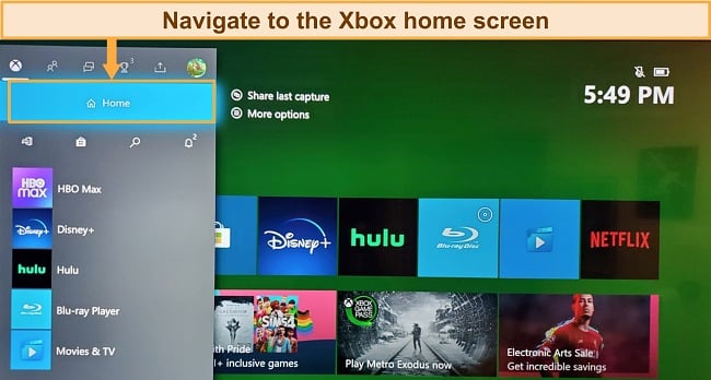 Screenshot of accessing xbox home screen.