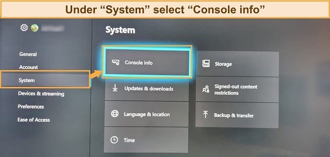 Screenshot of accessing xbox console info.