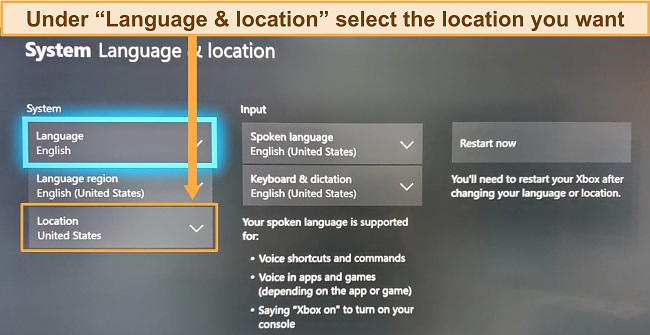 Screenshot of changing xbox one location