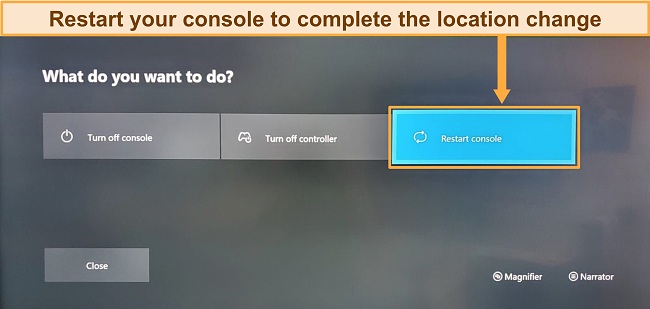 Screenshot of completing xbox location change by restarting