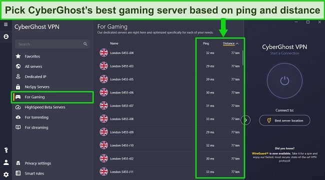 Screenshots of CyberGhost's gaming-optimized servers in London, UK