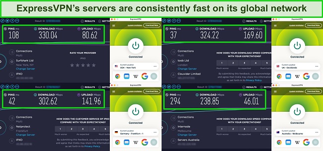 Screenshots of Ookla speed tests with ExpressVPN connected to different servers