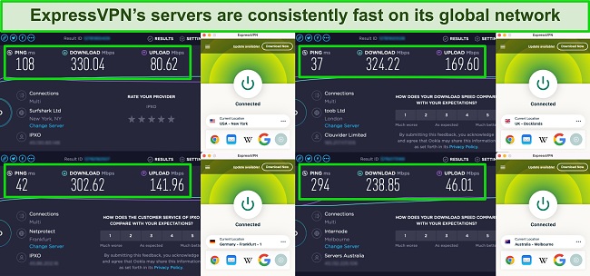 Screenshot of ExpressVPN speed test results in 4 locations