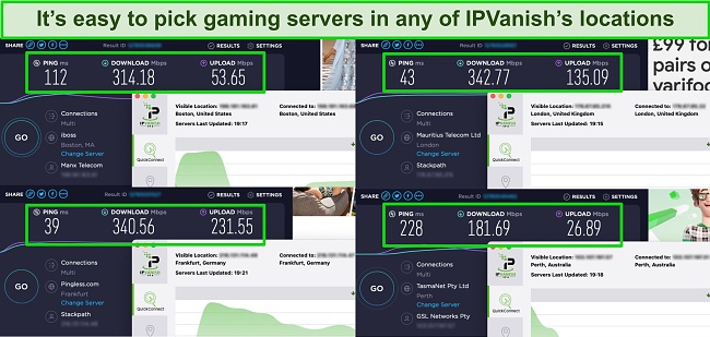 Screenshots of Ookla speed tests with IPVanish connected to different servers