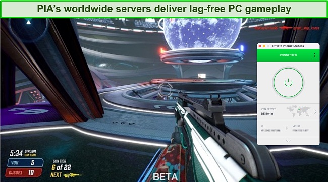 Screenshots of Splitgate while Private Internet Access is connected to a server in Berlin, Germany