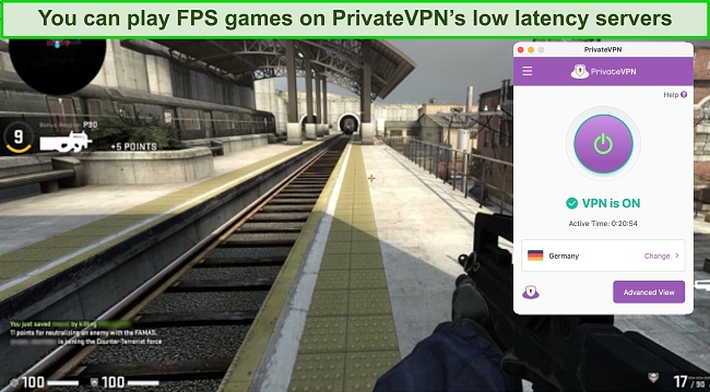 Screenshots of Counter-Strike: Global Offensive while PrivateVPN is connected to a server in Germany